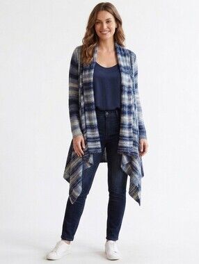 Long Blue Striped Knit Cardigan